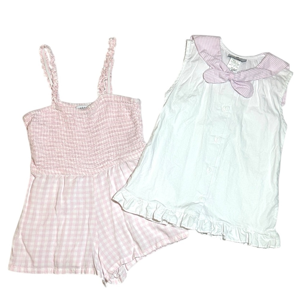 EUC Nantucket Kids pink seersucker sailor top & pink Gingham Romper 5/6